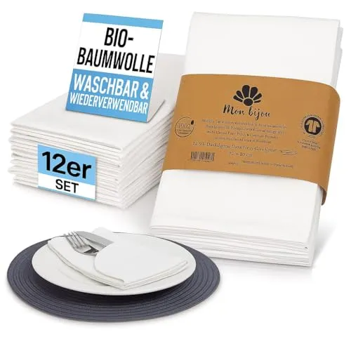 12er Set Stoffservietten Weiß – Edle GOTS Bio-Baumwolle - Stoffservietten aus 100% GOTS Bio-Baumwolle, waschbar bei 60°C, perfekt für festliche Anlässe und nachhaltige Tischdeko.