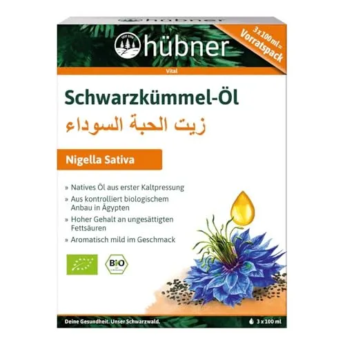 Huebner Bio Schwarzkümmel-Öl 3x100ml - Vorratspack - Speiseöle in Bio-Qualität, reich an ungesättigten Fettsäuren aus kontrolliert ökologischer Erzeugung, ideal für eine gesunde Ernährung.