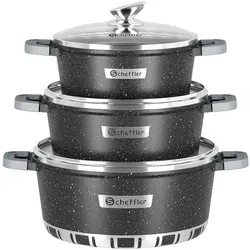 Scheffler Induktions Kochtopf Set 6-teilig - Schwarz - Vielseitiges Kochtopf Set für alle Herdarten mit hochwertiger Antihaftbeschichtung. Die Glasklappen ermöglichen eine einfache Sichtkontrolle beim Kochen, während die gleichmäßige Wärmeverteilung Energie spart.