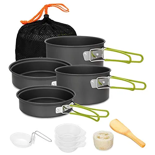 Gutsdoor Camping Kochset Geschirr-Set für 1-2 Personen, Kochset mit Tragbarem Aluminiumtopf Teekessel Tassen faltbares Besteck, für Camping Outdoor Picknick Wandern (Grün-11 Teilig)