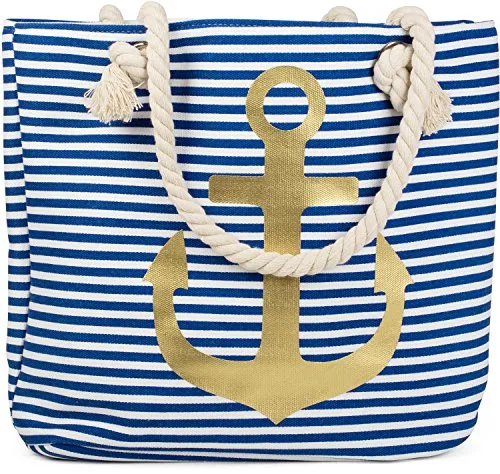 styleBREAKER Gestreifte Strandtasche mit Anker Print - Damen-Shopper mit maritimem Design, geräumig und ideal für Strand, Urlaub oder Stadt. Robuste Kordelgriffe sorgen für Komfort, zusätzlich mit Innen-Reißverschlusstasche für Wertsachen.