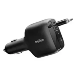 Belkin BoostCharge Kfz-Lader mit einziehbarem Kabel (75 W) - Praktisches Kfz-Ladegerät mit zwei Anschlüssen und einziehbarem Kabel. Unterstützt bis zu 60 W Ausgangsleistung für schnellen Ladevorgang von Laptops und Smartphones. Ideal für gleichzeitiges Laden von drei Geräten.