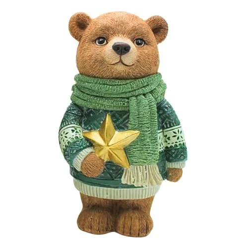 Dekohelden24 Dekobär - Festliche Weihnachtsfigur aus Keramik - Charmante Weihnachtsfigur in Bärenform, detailreich gestaltet mit grünem Schal und goldenem Christstern. Ideal als Tisch- oder Fensterdeko für eine gemütliche Winteratmosphäre.