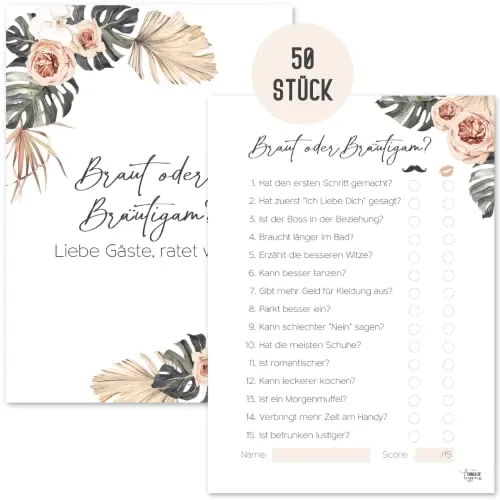 Things of Happiness Hochzeitsquiz Braut oder Bräutigam 50 Karten | Hochzeitsspiel für Gäste | Spiel Hochzeit für Brautpaar im Boho Design (Beige Palmen)