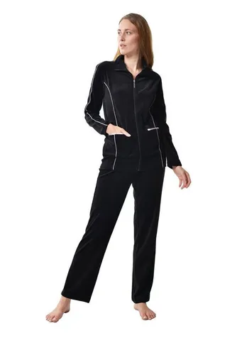 RAIKOU Nicki Hausanzug mit Reißverschluss - Eleganter Freizeitanzug in Schwarz, Größe 40/42, aus weichem Nicki-Material mit Kontraspaspel-Details für höchsten Tragekomfort – ideal für entspannte Abende.