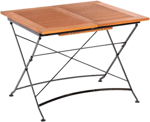 MERXX Gartentisch Schloßgarten 90x150 cm - Gartentisch ausziehbar und klappbar, ideal für Gartenpartys, gefertigt aus robustem Eukalyptus-Holz in beige/schwarz.