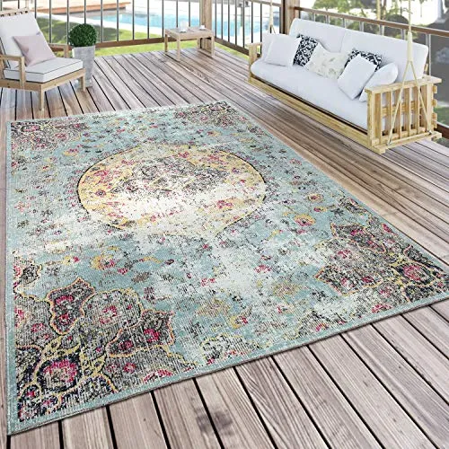 Paco Home In- & Outdoor Teppich Modern Orient Print Türkis, 160x220 cm - Teppiche Gegend, wetterfest und robust, ideal für Terrasse und Balkon mit modernem Orient-Design.