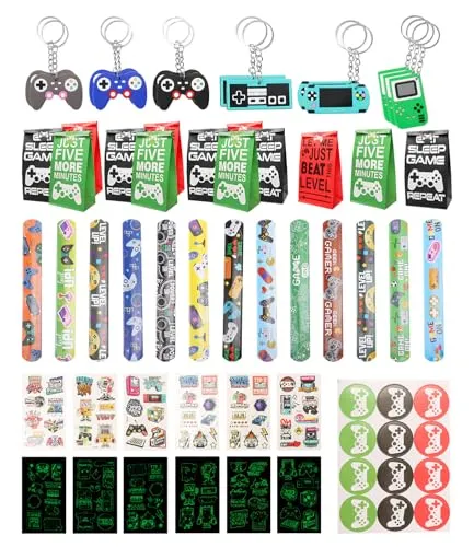 Videospiel Party Mitgebsel 45 Stück Kindergeburtstag Party Mitgebsel Set Party Gastgeschenke Kinder Give Aways Kindergeburtstag mit Geschenktüten, Schnapparmband, Schlüsselanhänger, Tattoo Aufkleber