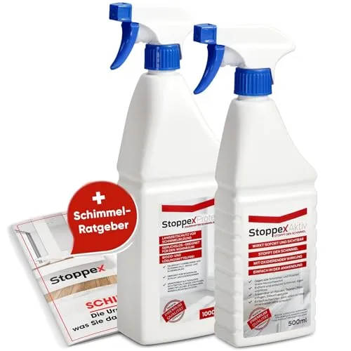 Stoppex Schimmelentferner-Set (1,5l) - Spezialputzmittel mit sofortiger Wirkung gegen Schimmel und Pilze. Effektive Zerstörung von Schimmelsporen in nur 10 Minuten, ideal für Wände, Fugen und Badezimmer.