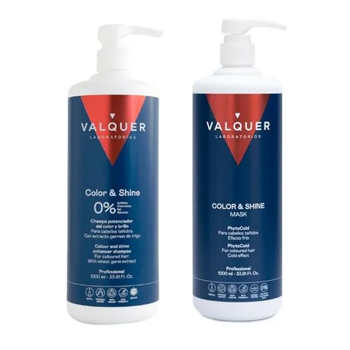 Valquer Farb- und Glanzpackung - Shampoo & Conditioner Set mit 1L Shampoo und 975ml Maske. Revitalisiert gefärbtes Haar, maximiert Glanz und Farbintensität dank Weizenkeimextrakt. Ideal für strahlendes, geschmeidiges Haar.