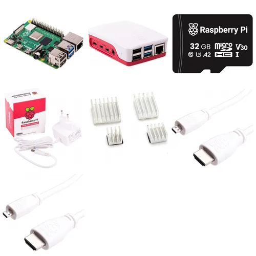 Raspberry Pi 4 Computer Modell B, 4GB RAM Starter Kit - Sonstige Komponenten, leistungsstarker Mini-PC mit Desktop-Performance vergleichbar mit Einstiegsklasse x86-PCs, ideal für Entwickler und Bastler.