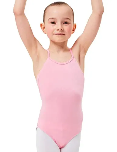 tanzmuster ® Ballettanzug Mädchen Träger - Leonie - aus Baumwolle, Ballettbody Ballett Trikot in rosa, Größe 104/110