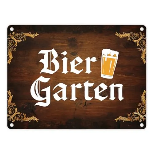 Biergarten Metallschild in 15x20 cm im rustikalen Holz-Look Lustiges Schild für Fans von Biergärten und uriger Atmosphäre