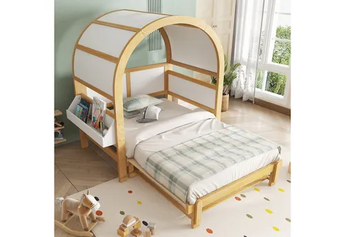 Produktbild Erweiterbares Gewölbtes Dachbett 140x200cm – Schiebebett in Weiß & Natur