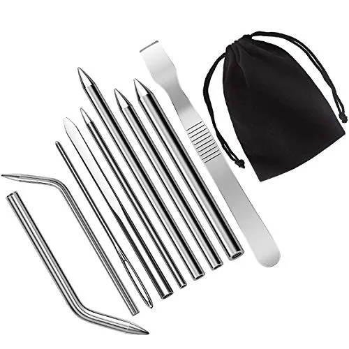 LUTER 9 Stück Edelstahl Paracord Nadel FID Set Paracord Schnürstich Nadel und Glättwerkzeug mit Samtbeutel für DIY Bastelbedarf, Lederweberei