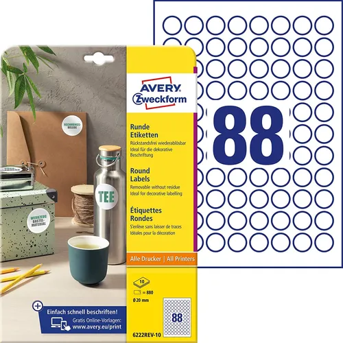 AVERY Zweckform Kennzeichnungs-Etiketten Durchmesser: 20 mm weiß rund 880 Etiket