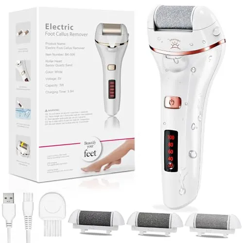 Hornhautentferner Elektrisch, Aottom Wasserdicht Elektrischer Fußfeilen-Entferner Wiederaufladbare Pediküre Werkzeuge Abgestorbener Professioneller Hautentferner für die Fußpflege Mit 3 Rollenköpfen