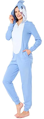 Ladeheid Damen Schlafoverall aus Baumwolle Jumpsuit bunt Verkleidung Schlafanzug Einteiler mit Kapuze LA40-234 (Blau Hai, M)