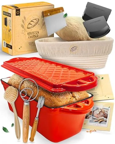 KRUSTENZAUBER Brotbackform XXL mit Deckel - Robuste 28 cm Gusseisen Kastenform für perfektes Brot - KOMPLETT-SET - Emaillierte Gusseisen Kastenform mit Gärkorb und nützlichem Zubehör für einfaches Brotbacken. Erlebe die Kunst des Backens und genieße ofenfrisches Brot mit perfekter Kruste – ideal für die ganze Familie.