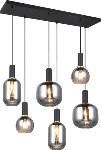 TRIO-Leuchten Pendelleuchte DIVA 85x150 cm schwarz - Elegante Pendelleuchte in Schwarz mit Lampenschirmen aus chrombedampftem Rauchglas, ideal für stilvolle Beleuchtung. Platz für 6 E27 Leuchtmittel bis max. 40 Watt.