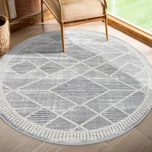 payé Teppich Rund Kurzflor Grau 160x160cm Meliert, Raute-Muster mit Hoch-Tief-Effekt, 3D Effekt, Weich