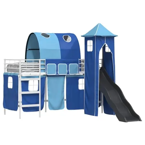 vidaXL Kinderloftbett Weiß und Blau 90 x 190 cm Metall, Hochbett für Kinder, rechteckig, modernes multifunktionales Bett, Schlaf- und Spielplattform für Kinder, Etagenbettrahmen