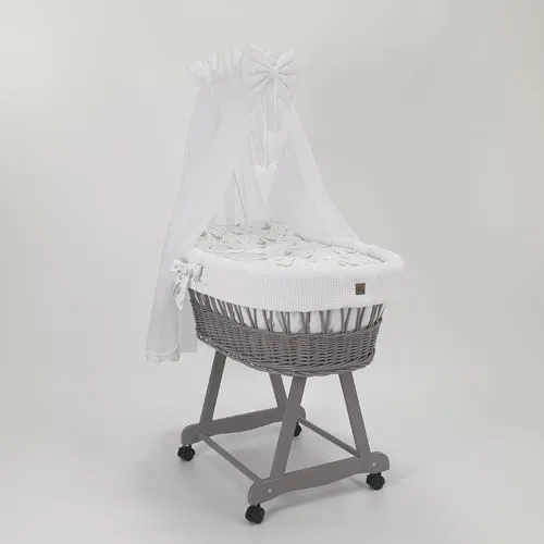 WIKLINOPOL IRENEUSZ ZYGMUNT WICKER WOOD BABY 2000 EU Stubenwagen Lena, grau mit Gestell, Matratze Baldachin und Bettwäsche aus Waffelstoff | Leisen Rädern, Gänse