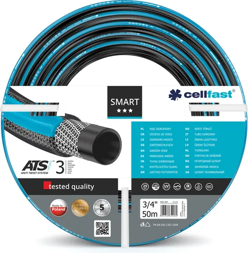 Cellfast Gartenschlauch SMART 50m - Robuster 3-lagiger Gartenschlauch mit UV- und druckbeständiger Konstruktion, ideal für Gartenliebhaber, der nicht zusammenrollt und Knotenbildung verhindert.