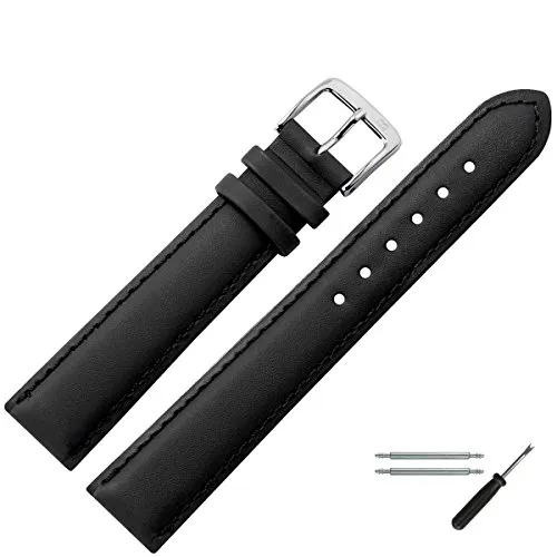MARBURGER Uhrenarmband 20mm Leder Schwarz Silber Glatt Mit Naht - Montage Set 7942010000120