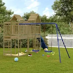 vidaXL Spielturm aus kesseldruckimprägniertem Kiefernholz - Verwandle deinen Garten in einen Spielplatz! Dieser robuste Spielturm bietet vielseitigen Spaß mit Schaukeln, Rutsche und Sandkästen. Ideal für Kinder von 3-8 Jahren und sorgt für stundenlange Unterhaltung.
