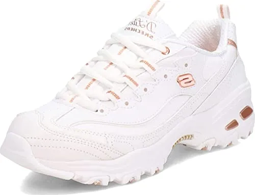 Skechers D-Lites Fresh Start - Weiß/Rose Gold Leder - Größe 36 - Sneaker für Damen mit Air-Cooled Memory Foam für höchsten Komfort und Druckentlastung. Ideal für Freizeitaktivitäten und modisch aktuell mit eleganten Strass-Details.