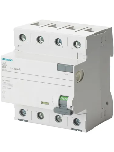SIEMENS 5SV33466 FI-Schutzschalter 3P+N Typ A 30mA 63A 400V - VDE geprüft, zuverlässiger Personenschutz und werkzeugloser Einbau für maximale Sicherheit