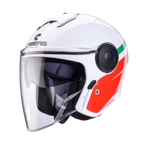 Caberg Soho Jethelm Zephir Italia in Weiß/Grün/Rot XXL - Motorradhelm mit kratzfestem Visier und integrierter Sonnenblende, ideal für Stadtverkehr und längere Touren. Ergonomisch geformte Wangenpolster für Brillenträger und vorbereitet für Bluetooth.