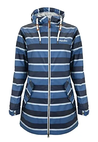 Regenliebe Damen Regenmantel Friesennerz gestreift navy - Funktionsjacke mit tailliertem Schnitt, wind- und wasserdicht, ideal für stilvolle Regenmode. Verstellbare Kapuze und Taillenregulierung für optimalen Tragekomfort.