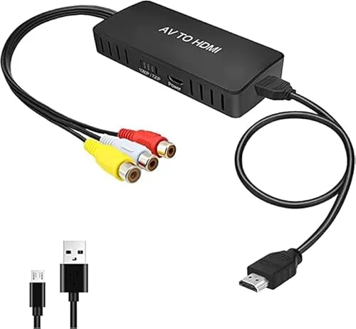 Wrugste RCA auf HDMI Konverter, AV auf HDMI Adapter, Composite Adapter 1080P, PAL/NTSC Kompatibel Mit WII/WII U/PS One/PS2/PS3/STB/Xbox/VHS/VCR/Blue-Ray DVD