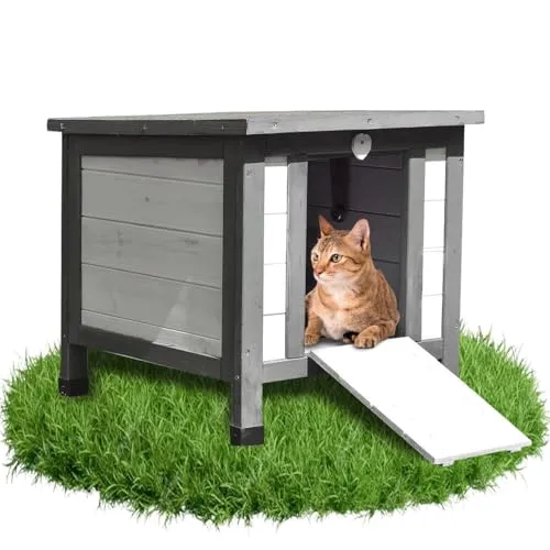 Melko Katzenhaus Grau/Weiß mit klappbarem Deckel und Rampe - Katzenhöhlen & -häuser, wetterfest und mobil, ideal als Outdoor-Haus mit extra hohen Füßen für optimale Luftzirkulation und einfache Reinigung.