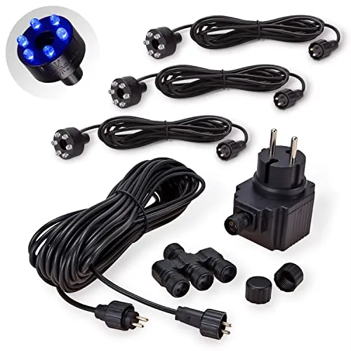 CLGarden 3er Set LED Ringe blau 10 Meter Kabel 12 Volt Netzteil Springbrunnen Beleuchtung Quellsteinbeleuchtung DIY