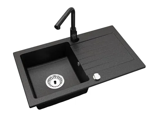 Faizee Granitspüle 75 x 44 cm Schwarz Gesprenkelt – inklusive Armatur Side in Schwarz – eckige Einbauspüle aus Granit – beidseitig montierbar, kratzfest, hitzebeständig – modernes Spülbecken