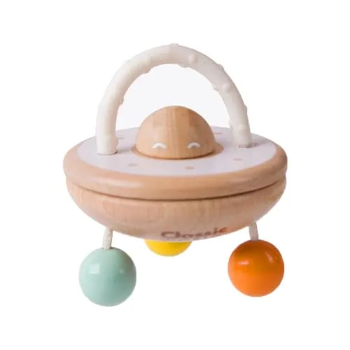 Classic World UFO Baby Rassel mit Beißring aus lebensmittelechtem Silikon - Holzspielzeug Beißring für Jungen und Mädchen | Spielzeug ab 6 Monate | Greifling Teebaumholz