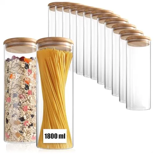 com-four® 12x Vorratsdose mit Bambus-Deckel 1800ml - Luftdicht und Elegant - Glasbehälter & Töpfe, luftdicht mit Bambusdeckel für längere Frische und zeitloses Design, ideal zur Reduzierung von Plastikverbrauch in der Küche.