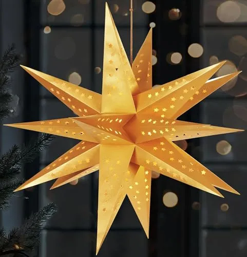 BRUBAKER 3D Weihnachtsstern für Innen - 60 cm XXL Leuchtstern - Batteriebetrieben mit Timer - LED Stern Hängend - Adventsstern für Fensterdeko und Weihnachtsdeko - Papierstern Weihnachten - Gold