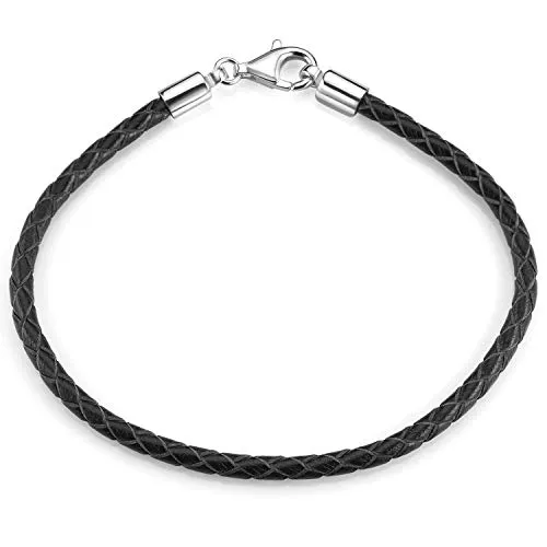 MATERIA by Matthias Wagner Damen Herren Beads Armband Leder 3,2mm schwarz 925 Silber Lederarmband 18-22cm A58, Länge:22 cm