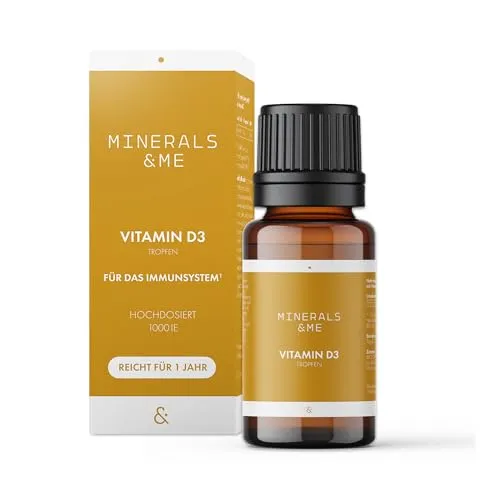MINERALS & ME® Vitamin D3 Tropfen – Hochdosiert 1.000 I.E. – Für Immunsystem, Knochen & Muskeln – In MCT-Öl aus Kokos – Vegetarisch, Laborgeprüft, 50 ml (1 Jahr Vorrat)
