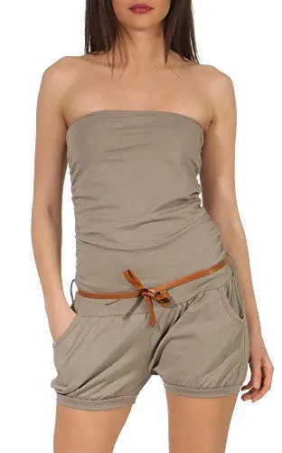 malito - Damen Jumpsuit - Einteiler mit Gürtel & Taschen - Bandeau Sommer Overall - kurzer trägerloser Playsuit - unifarbener Romper 8964 (Braun)