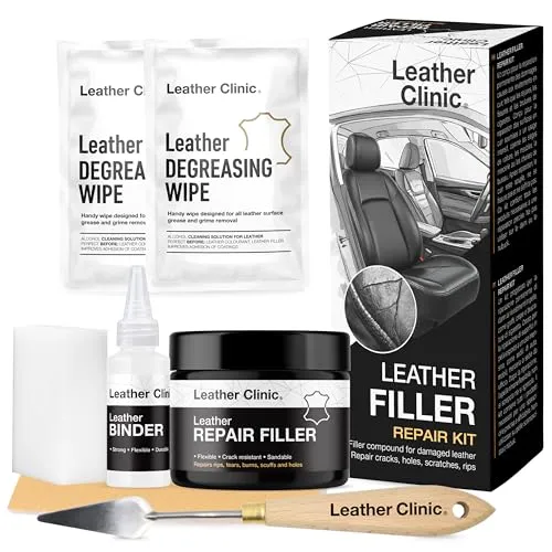 Leather Clinic Leder Reparatur Set – Flexibler Leder Reparaturfüller für Risse, Kratzer & Löcher – Für Auto Sitze, Ledermöbel & Vinyl – Komplettes Repair Kit