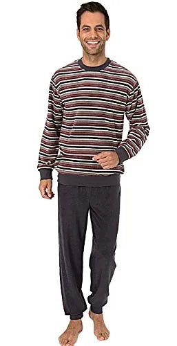 RELAX by Normann Eleganter Herren Frottee Pyjama Langarm mit Bündchen in Streifenoptik - 291 101 13 576, Größe2:54, Farbe:grau/rot