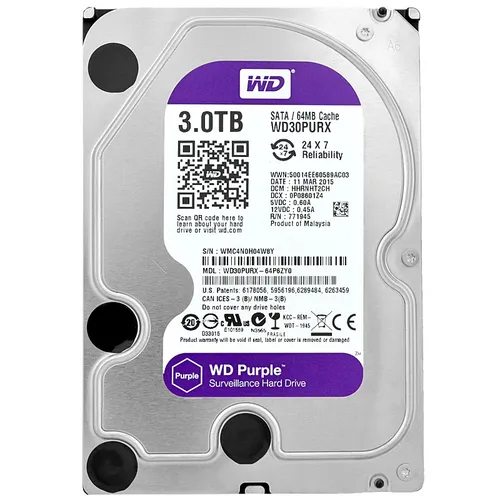 Western Digital Purple 3TB HDD - WD30PURX - 3TB interne Festplatte mit 5400 RPM, ideal für Überwachungsanwendungen, bietet zuverlässige Speicherung mit hoher Lesegeschwindigkeit von 500MB/s.