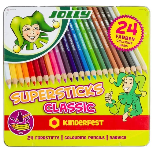 JOLLY SUPERSTICKS CLASSIC KINDERFEST Buntstifte farbsortiert, 24 St. - Schreibutensilien: 24 farbige und kinderfeste Buntstifte für kreatives Zeichnen und Malen, ideal für Kinder und Schulprojekte.