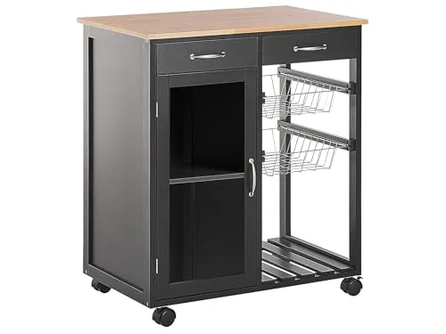 Servierwagen Holz schwarz mit 2 Schubladen und Metallkörben - Praktischer Servierwagen mit 2 Schubladen und 2 Metallkörben, gefertigt aus robustem Gummibaum- und Kiefernholz. Ideal für die Küche, einfach zu bewegen dank 4 Rollen.
