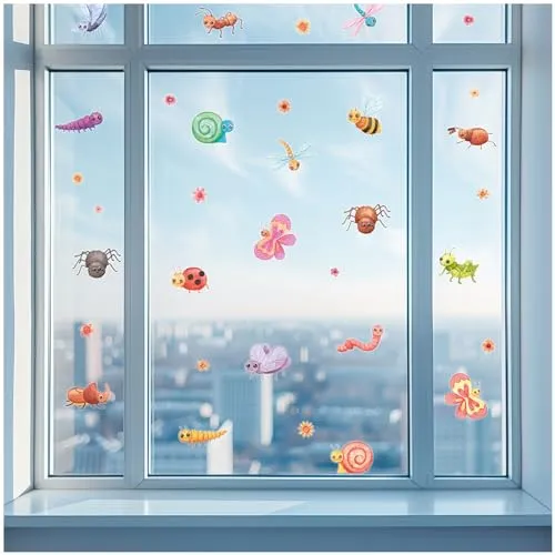 Yabaduu Fensterbilder 3x DIN A4 Bögen Fensterfolie Sticker für Kinder Badezimmer Kinderzimmer Wohnzimmer Aufkleber Fensteraufkleber wasserfest Y076 (07 Insekten)